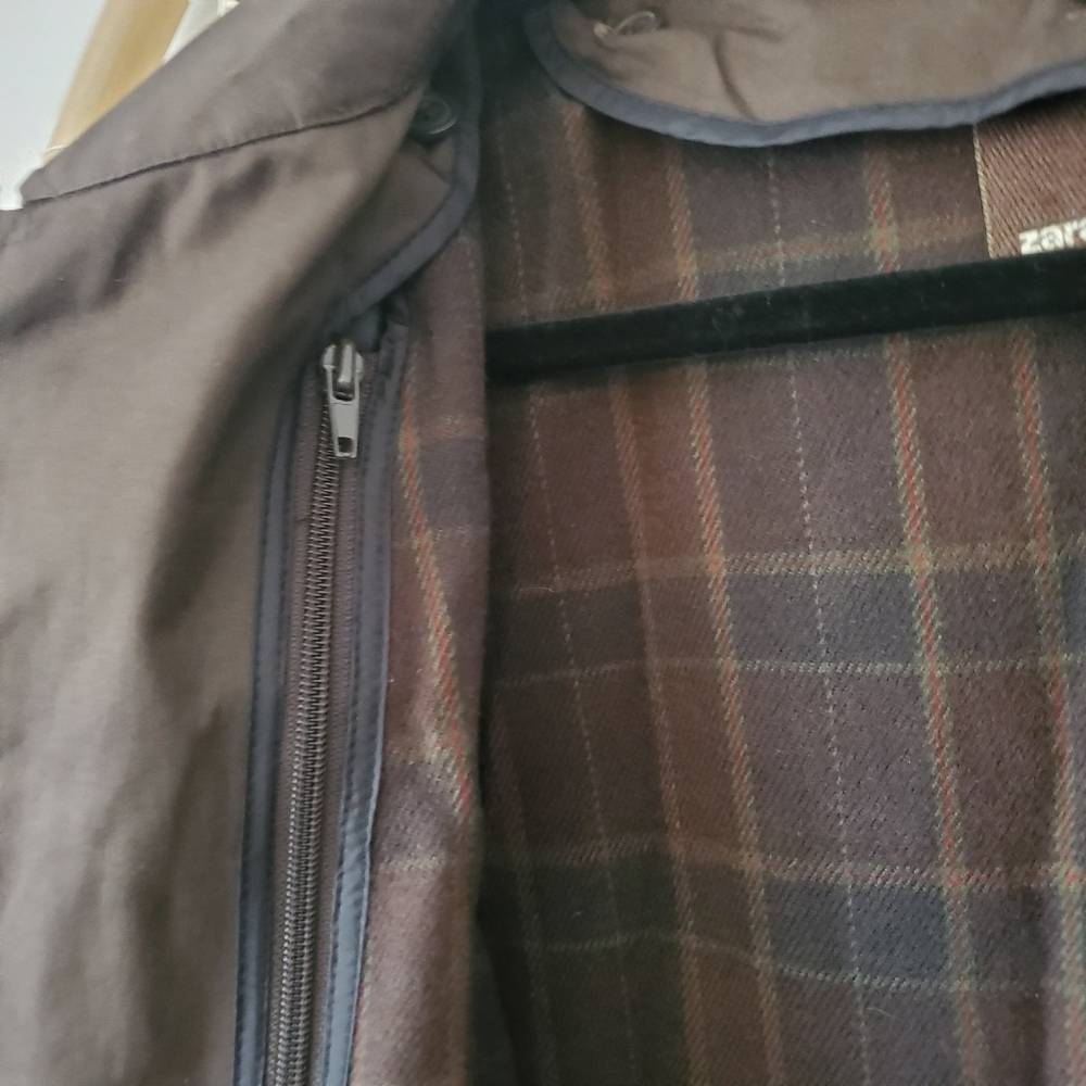 Zara Short Cotton Trench Car Coat Jacket Chocolate Brown Men's Size XL - Picture 10 of 14